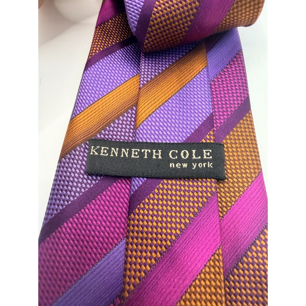 Kenneth Cole New York Mens Silk Tie Purple Magenta Bronze Striped Hand Made